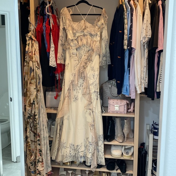 NWT maxi ruffle chiffon cream & navy/ink tie dresss 8 Medium long sleeve beauty - Picture 5 of 7